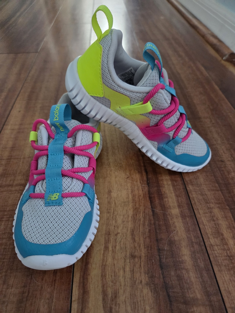 New Balance Kids Gray Mesh Sneakers with Teal, Hot Pink & Neon Yellow Accents